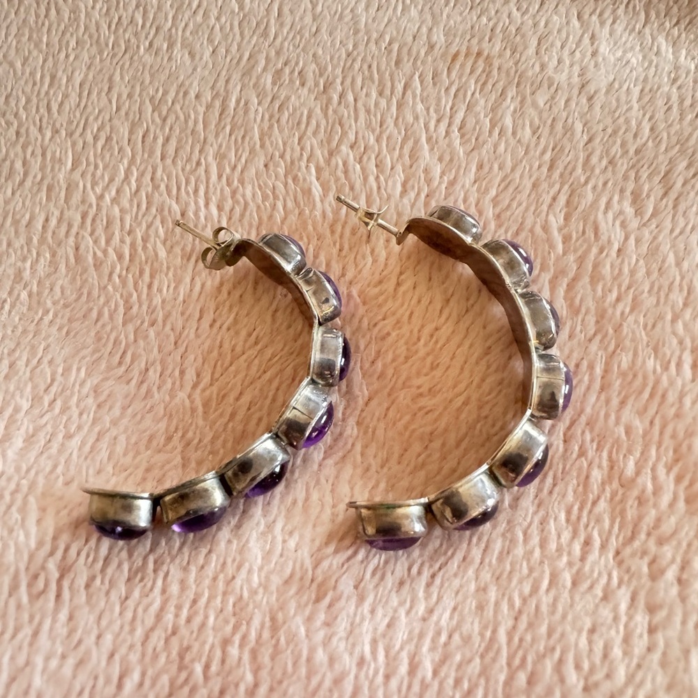 Nakai Sterling Silver Amethyst Hoop Earrings Navajo Southwestern Purple Stone - Picture 3 of 8
